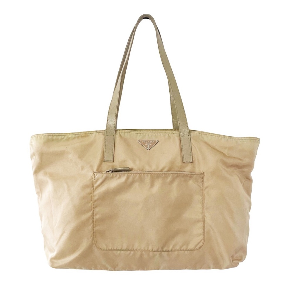 Prada tan Tessuto nylon and leather triangle logo shoulder tote bag